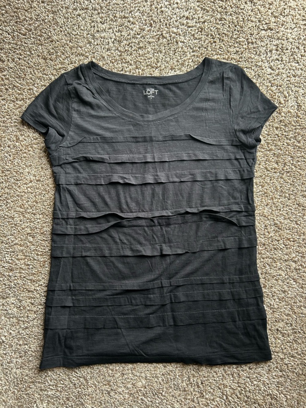 LOFT Black Short Sleeve Ruffle Stripe Tee - Scoop Neck